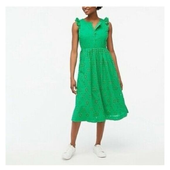 J Crew Eyelet Shirtdress Kelly Green Vintage Style A Line Midi Dress Size 00 - Picture 2 of 12
